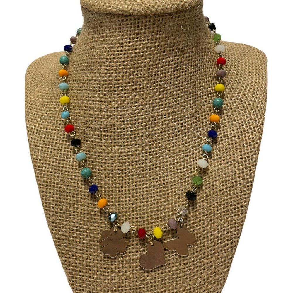 17” colorful beaded collar necklace heart butterfly 4 leaf clover Charms